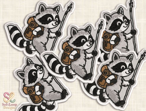 Hiking Raccoon Patch Embroidery Design